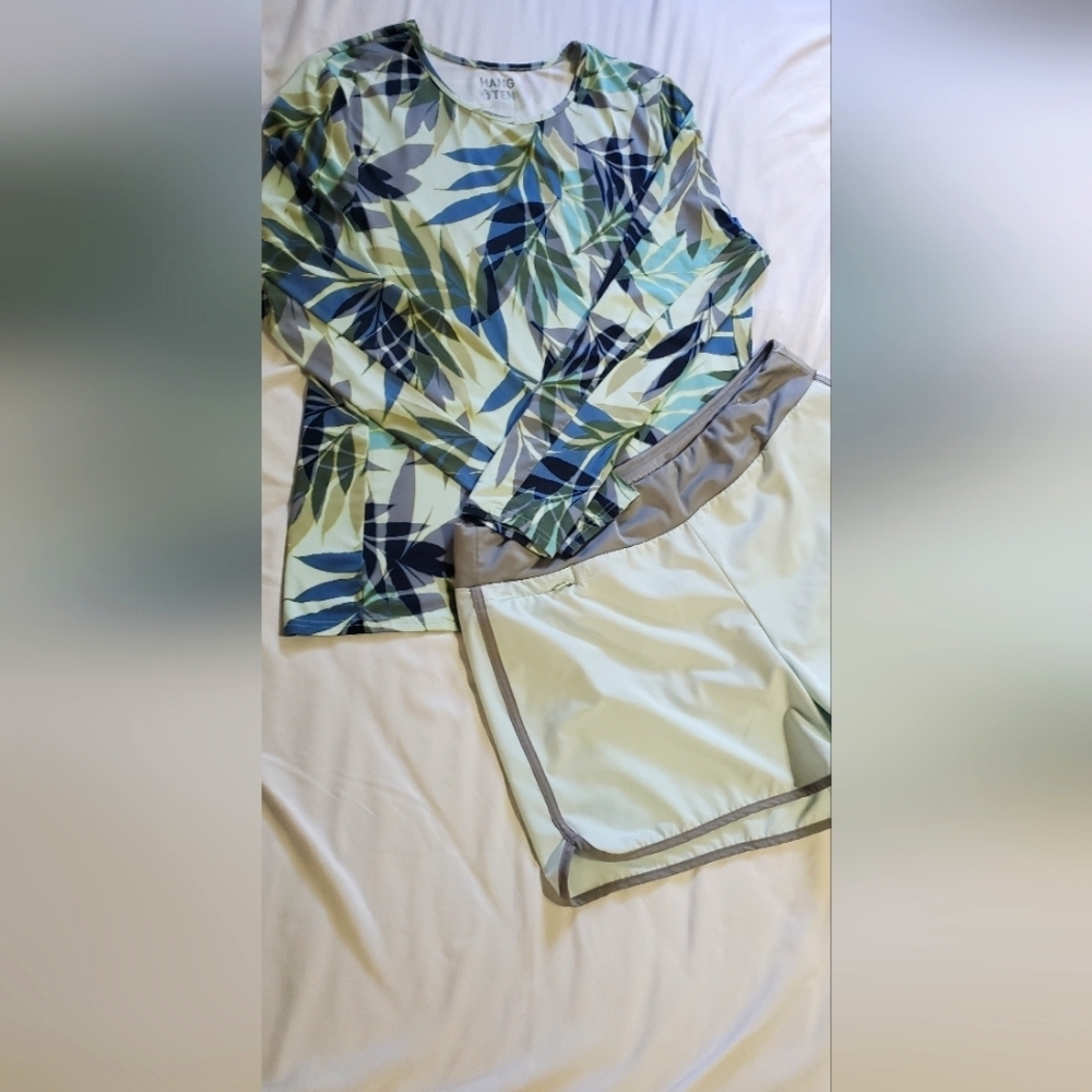 Hangten Leaf Print Long Sleeve Top and Shorts Set